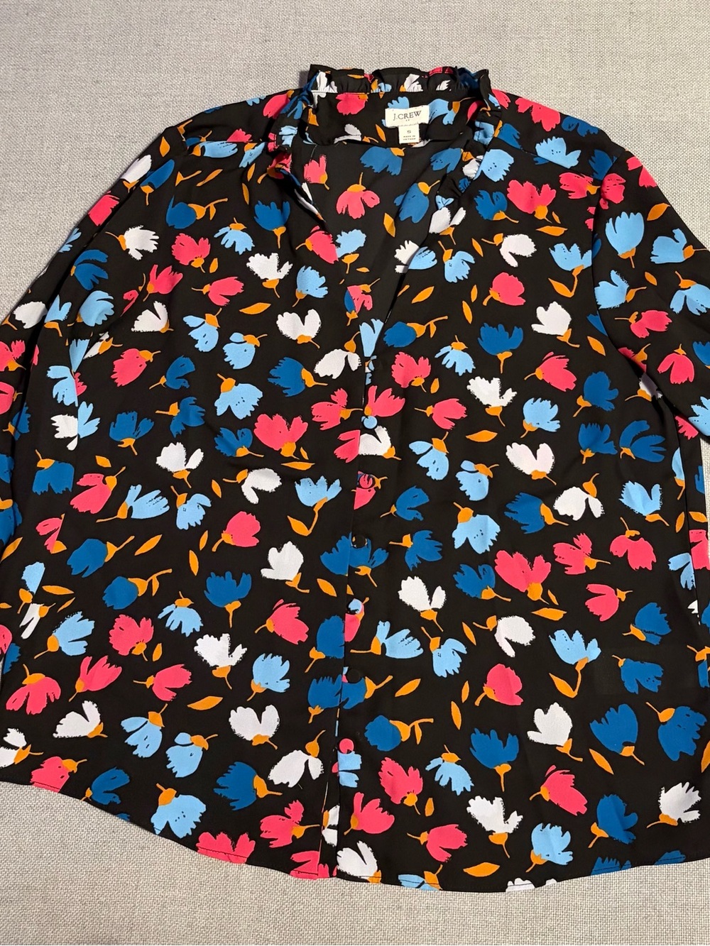 J. Crew Black Floral Button-Up Blouse with Pink, Blue, White & Orange Accents